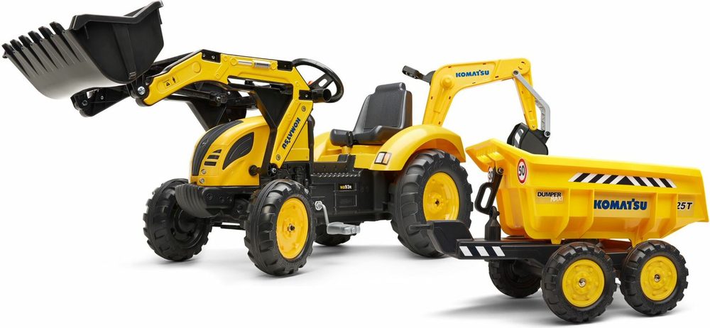 Falk Šlapací traktor 2086W Komatsu s bagrem a Maxi vyklápěcím přívěsem - žlutý