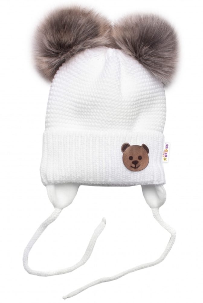 Baby Nellys Dětská zimní čepice s fleecem Teddy Bear - chlupáčk. bambulky - bílá, šedá, BABY NELLYS - 56-68 (0-6 m)