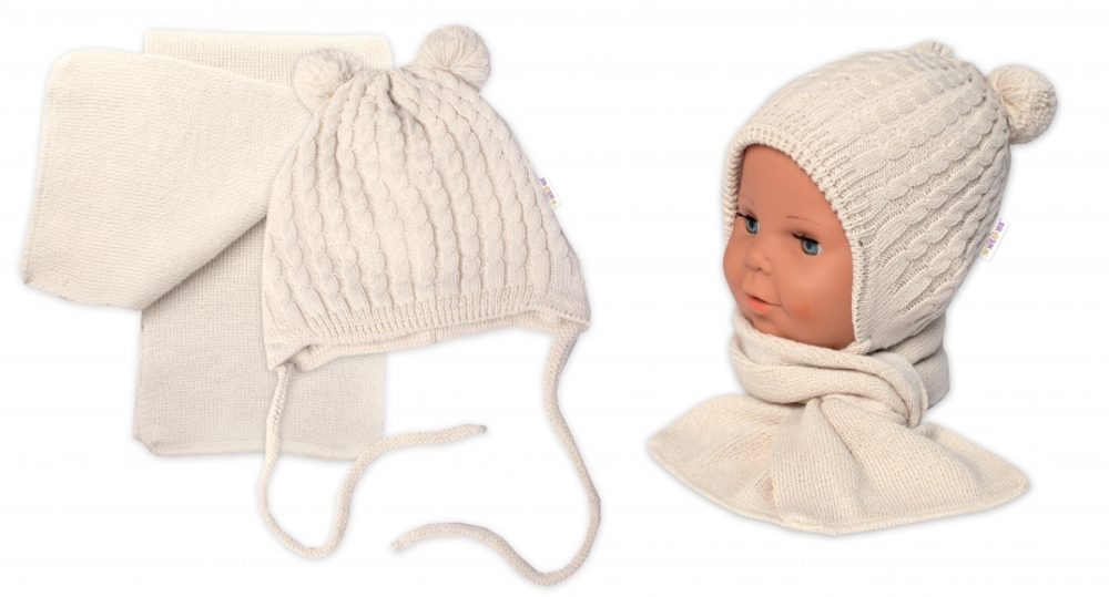 Baby Nellys Zimní čepice na zavazování s bambulky + šál, Baby Nellys - béžová, vel. 62/68 - 74-80 (9-12m)