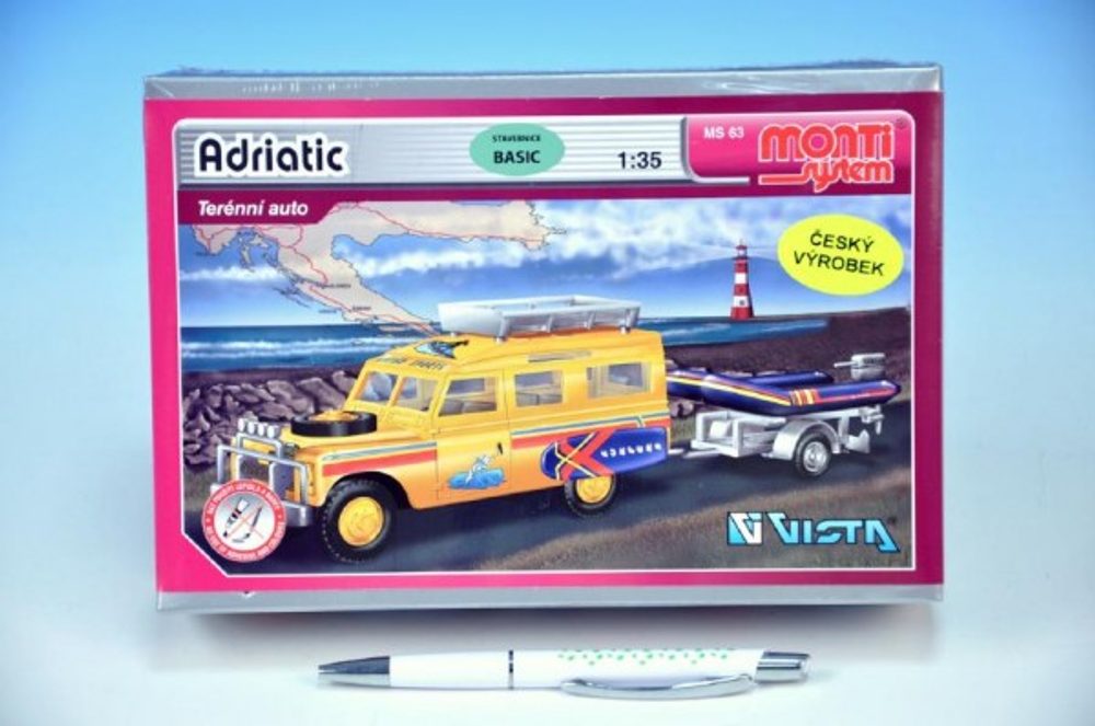 Vista Stavebnice Monti 63 Land Rover-vlek s loďkou/člunem 1:35 v krabici 22x15x6cm