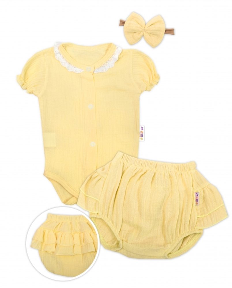 Baby Nellys 3-dílná mušelínová soupravička, body, kraťasky + čelenka GIRL, žlutá, vel. 68 - 56 (1-2m)