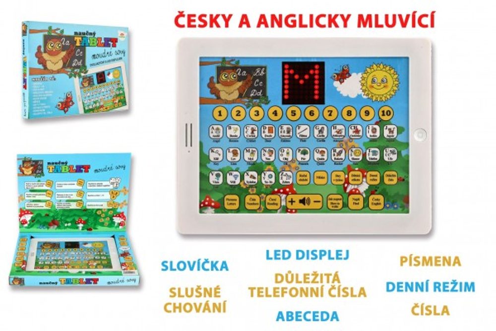 Teddies Naučný tablet moudré sovy dvojjazyčný CZ+AJ plast 24x19x2cm na baterie se zvukem v krabici 32x23x3cm