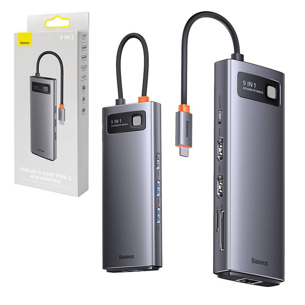 Baseus Rozbočovač 9v1 Baseus Metal Gleam Series, USB-C na 2x USB 3.0 + 2x HDMI + USB 2.0 + USB-C PD + Ethernet RJ45 + microSD/SD