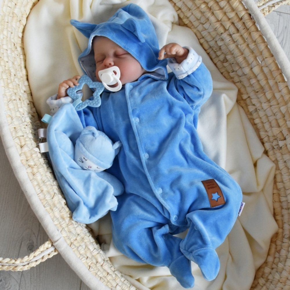 Baby Nellys Semiškový, velurový overal s kapucí Baby Nellys New Bunny, modrý, vel. 80 - 86 (12-18m)