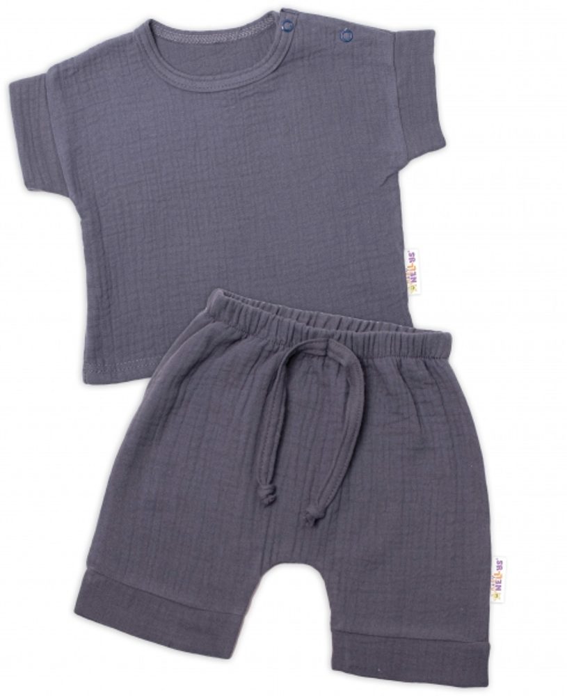 Baby Nellys 2-dílná mušelínová soupravička, tričko + kraťasky BOY, granát, vel. 62 - 56 (1-2m)
