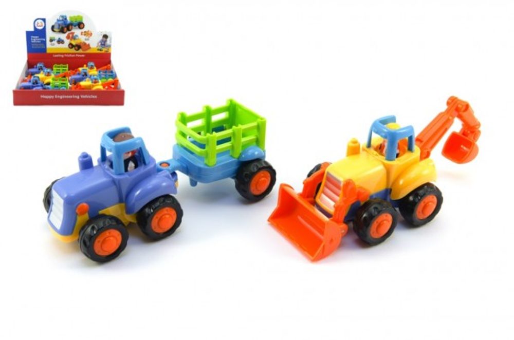 Teddies Traktor s vlekem/Buldozer plast 16cm pro nejmenší na setrvačník 6ks v boxu 18m+