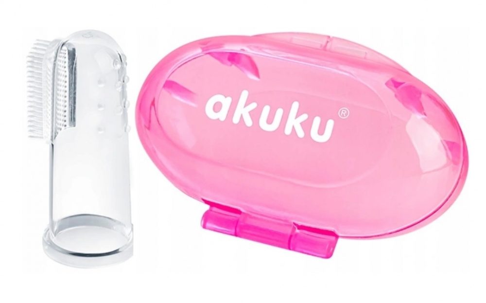 akuku Zubní kartáček pro miminka, silikonový s pouzdrem - růžový, Akuku