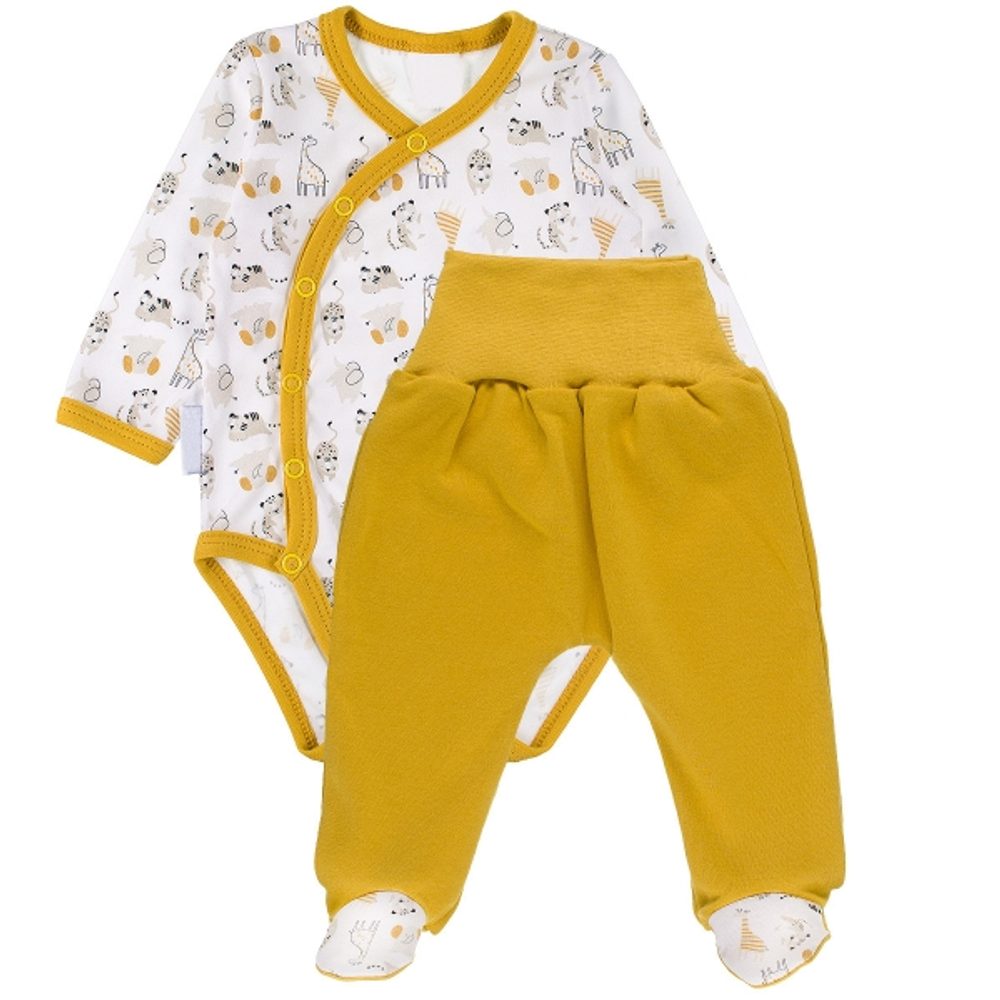 MBaby Zavinovací kojenecké body + polodupačky, bavlna, 2D sada, MBaby, Safari - hořčicovo/bílé - 62 (2-3m)