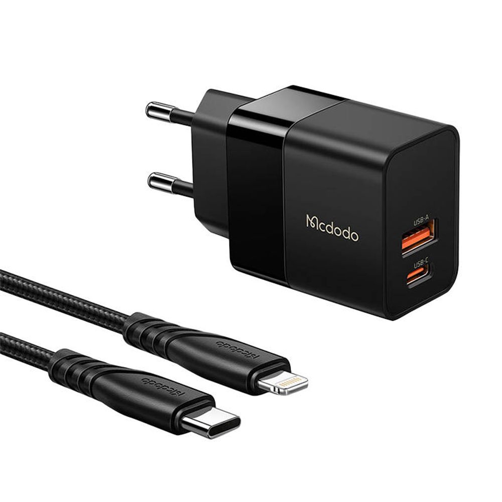 Mcdodo Nástěnná nabíječka Mcdodo CH-1952 USB + USB-C, 20W + kabel USB-C na Lightning (černá)