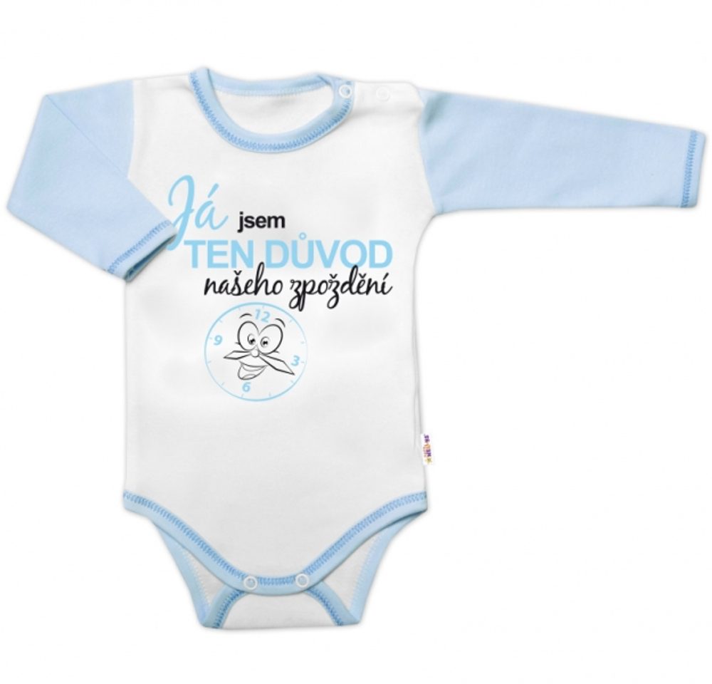 Baby Nellys Body dl. rukáv s vtip. textem Baby Nellys, Já jsem TEN DŮVOD našeho zpoždění, kluk - 56 (1-2m)