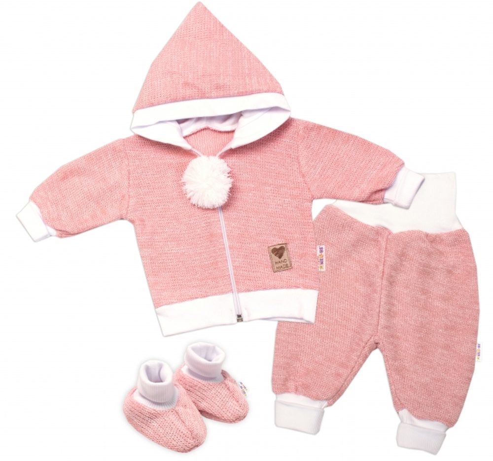 Baby Nellys 3-dílná souprava Hand made, pletený kabátek, kalhoty a botičky, růžová - 62 (2-3m)