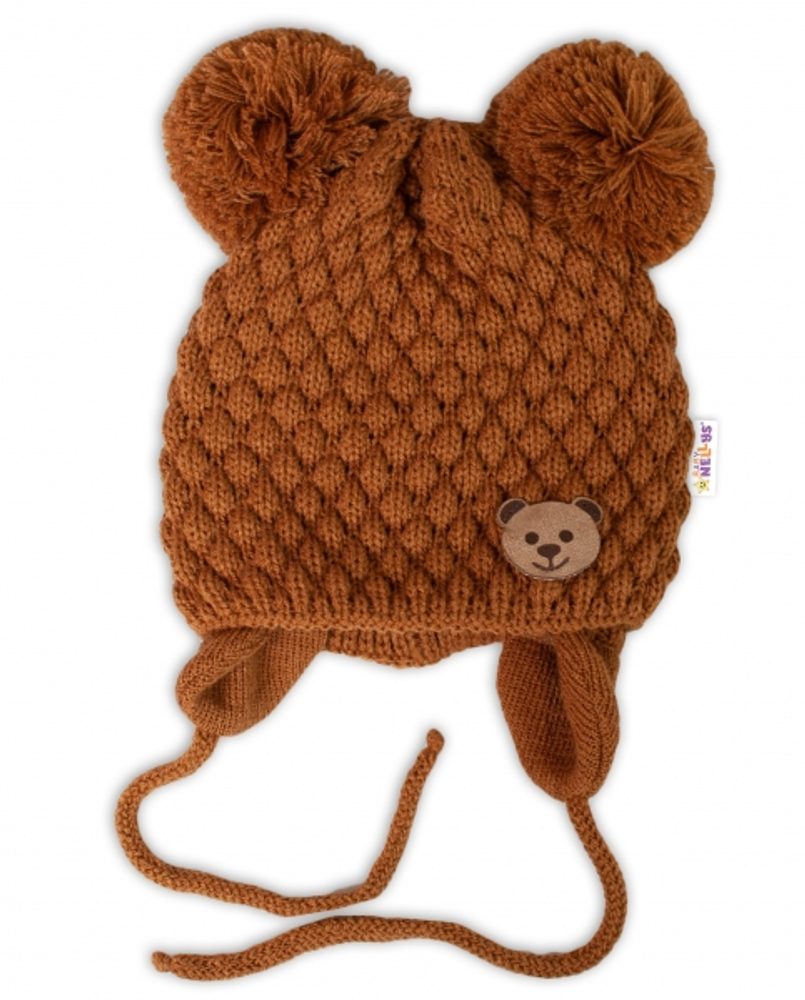Baby Nellys Zimní pletená čepice Teddy Bear na zavazování, hnědá, Baby Nellys