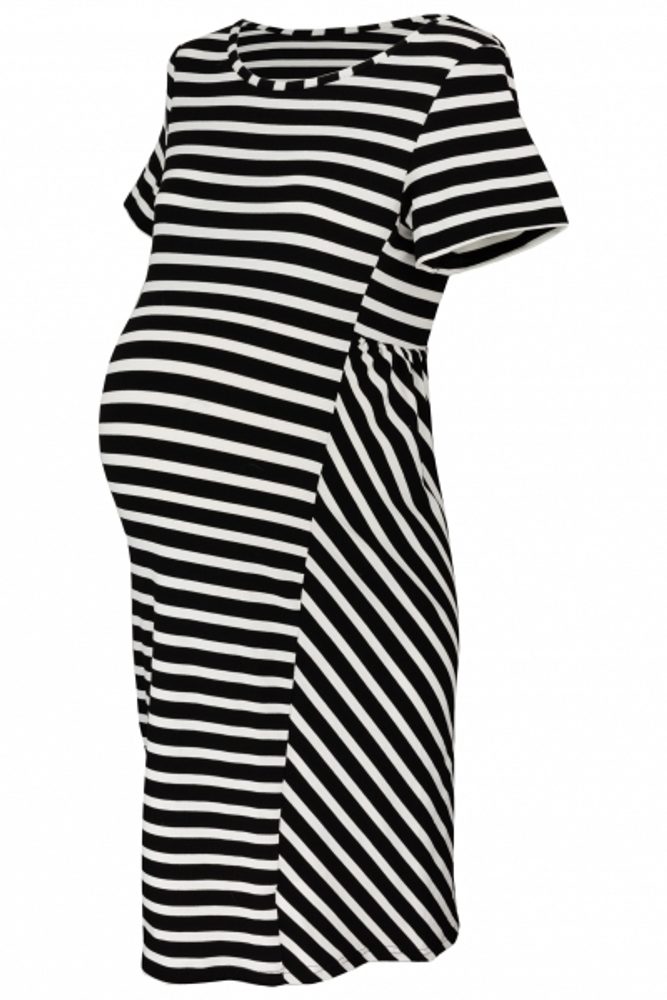 Be MaaMaa Těhotenské proužkované šaty s kr. rukávem - černá/ecru, vel. XL - XL (42)