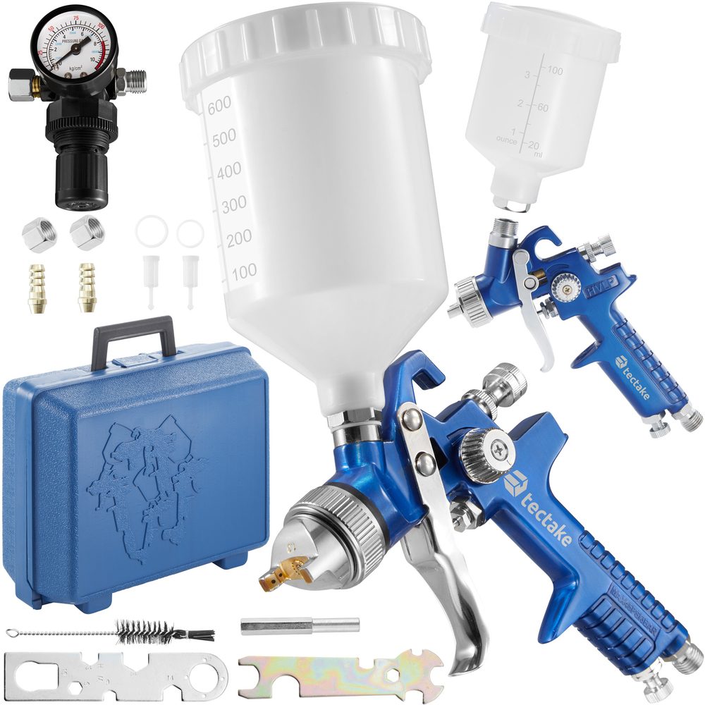 tectake 400097 stříkací pistole lakovací hvlp sada 2ks v kufříku 1mm/1,7mm - modrá modrá hliník