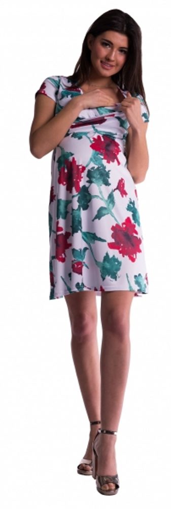 Be MaaMaa Těhotenské a kojící šaty s květinovým vzorem - červené květy - vel. S - S (36)