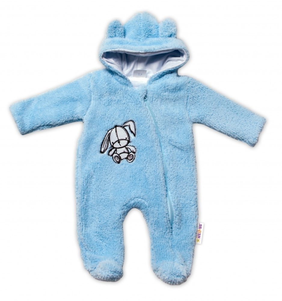 Baby Nellys Chlupáčkový overálek s kapucí, Cute Bunny - modrý - 68 (3-6m)
