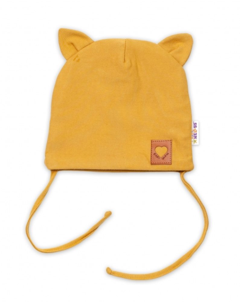 Baby Nellys Bavlněná dvouvrstvá čepice s oušky na zavazování FOX - hořčicová - 80-86 (12-18m)