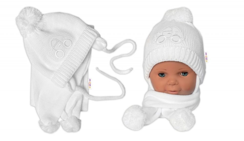 Baby Nellys Zimní čepička s šálou - Autíčko bílá, 0-6m, Baby Nellys