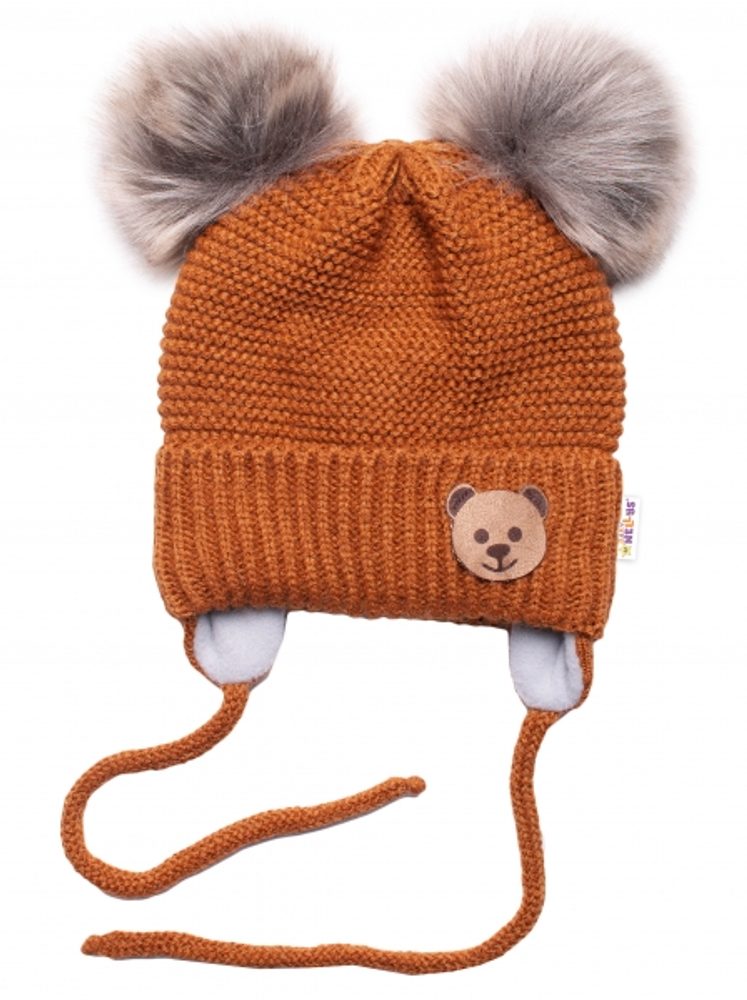Baby Nellys Dětská zimní čepice s fleecem Teddy Bear - chlupáčk. bambulky - hnědá, šedá, BABY NELLYS - 56-68 (0-6 m)