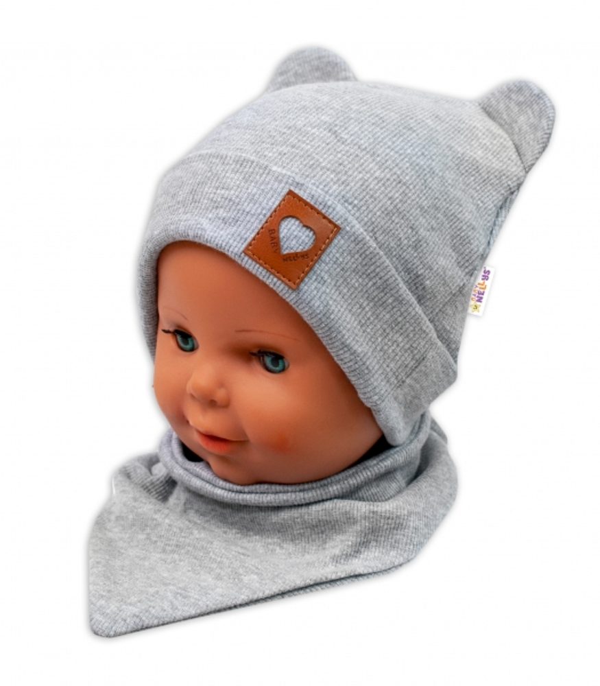 Baby Nellys Žebrovaná dvouvrstvá čepice s oušky + šátek TEDDY - šedý melír