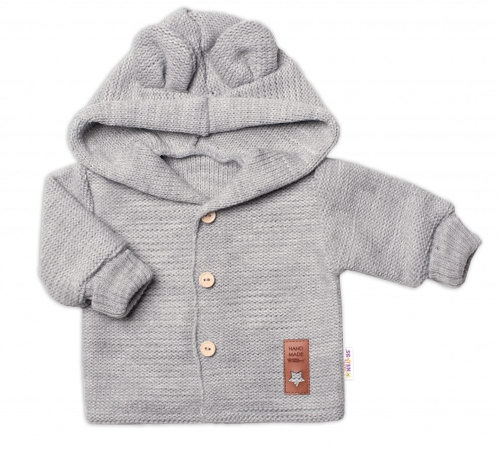Baby Nellys Dětský elegantní pletený svetřík s knoflíčky a kapucí s oušky Baby Nellys, šedý