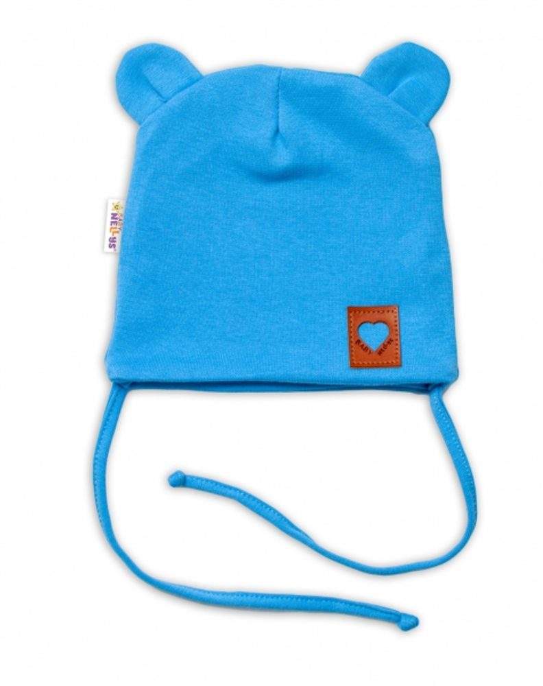 Baby Nellys Bavlněná dvouvrstvá čepice s oušky na zavazování TEDDY - modrá, Baby Nellys - 68-74 (6-9m)
