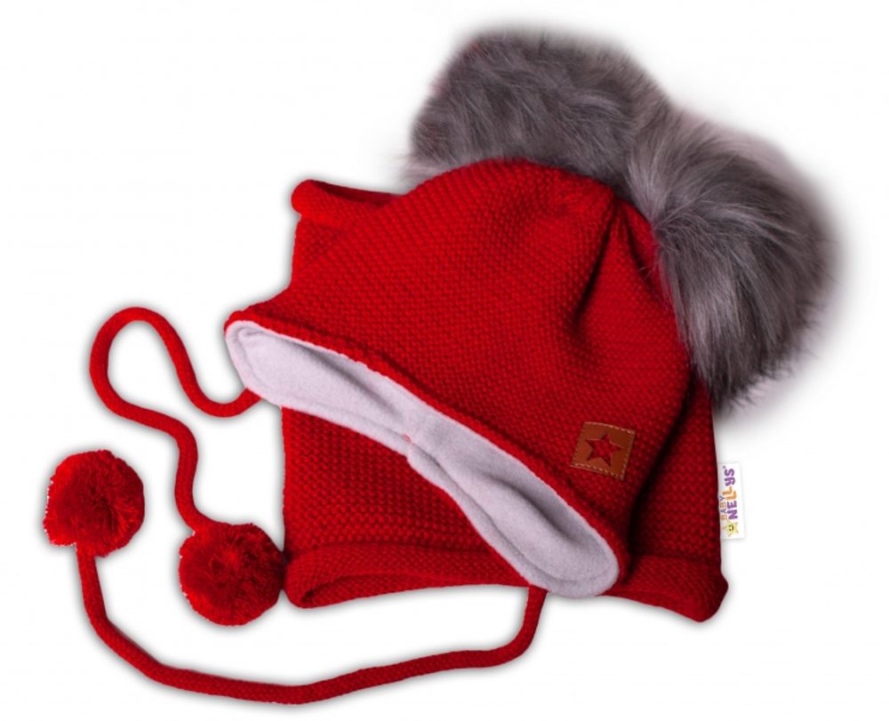 Baby Nellys Zimní čepice s fleecem a chlupáčkové bambulky Star + komínek - červená, BABY NELLYS - 68-86 (6-18m)