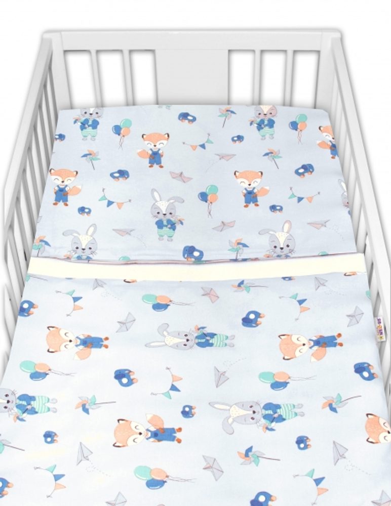 Baby Nellys 2-dílné bavlněné povlečení, Liška a zajíc, modré - 135x100