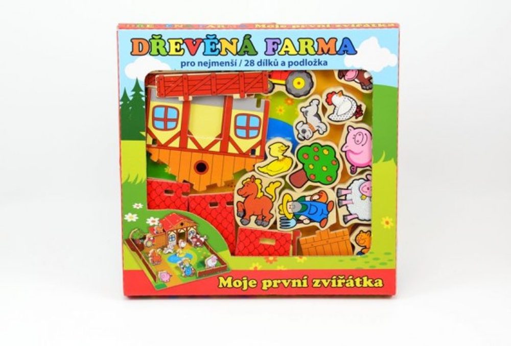 Teddies Domeček dřevěná farma Moje první zvířátka 31x31cm 28ks+podložka v krabici MPZ