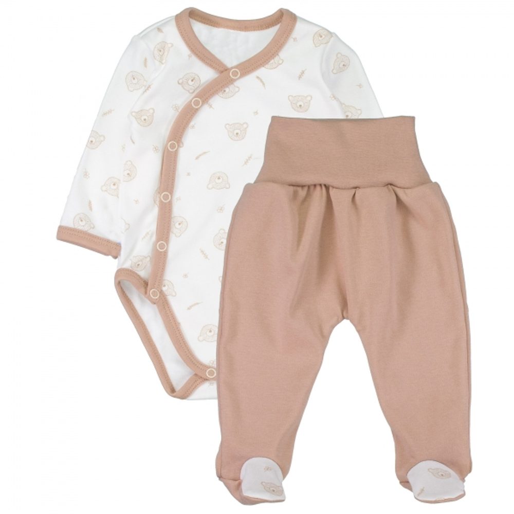 MBaby Body dlouhý rukáv zap. bokem+polodupačky Teddy Baby - béžový, vel. 68 - 56 (1-2m)