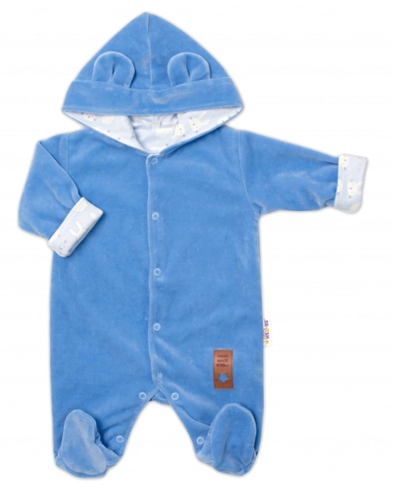 Baby Nellys Semiškový, velurový overal s kapucí Baby Nellys New Bunny, modrý, vel. 80 - 56 (1-2m)
