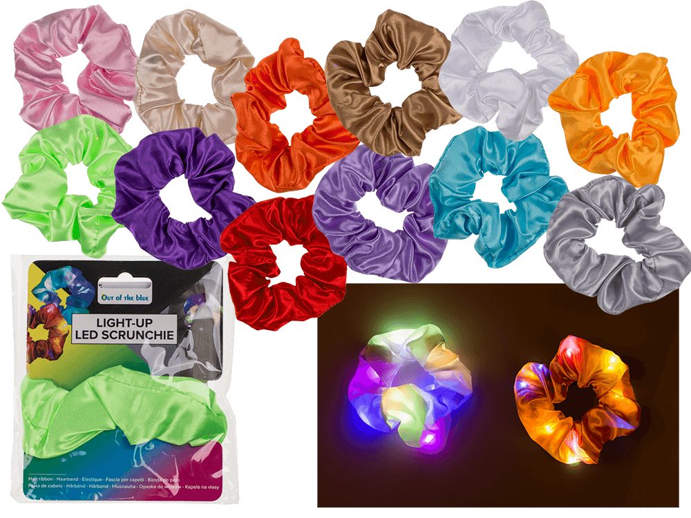 Textilní stuha do vlasů, gumička s LED (vč. baterií), 100% polyester, různé barvy, na záhlaví.