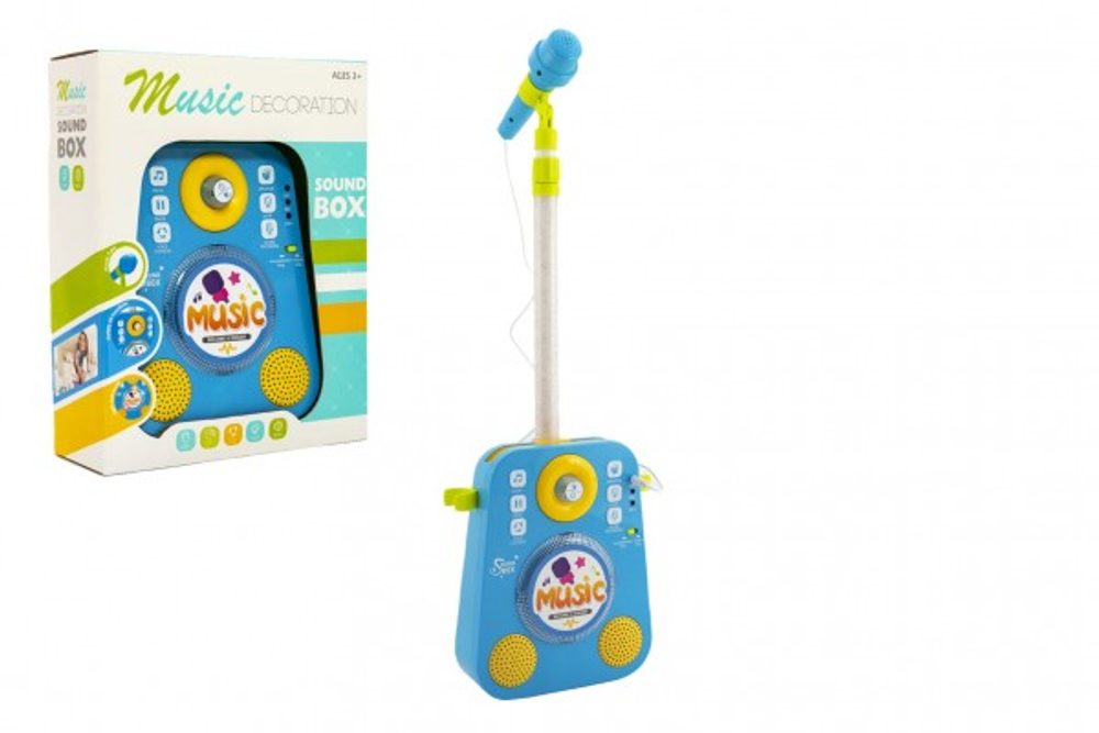 Teddies Mikrofon karaoke plast 18x26cm modrý na baterie se zvukem se světlem v krabici 27x34x10cm