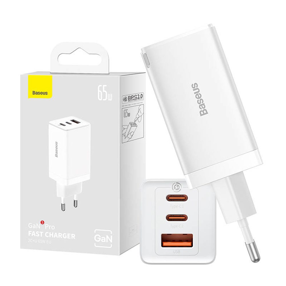 Baseus Nástěnná nabíječka Baseus GaN5 Pro 2xUSB-C + USB, 65W (bílá)