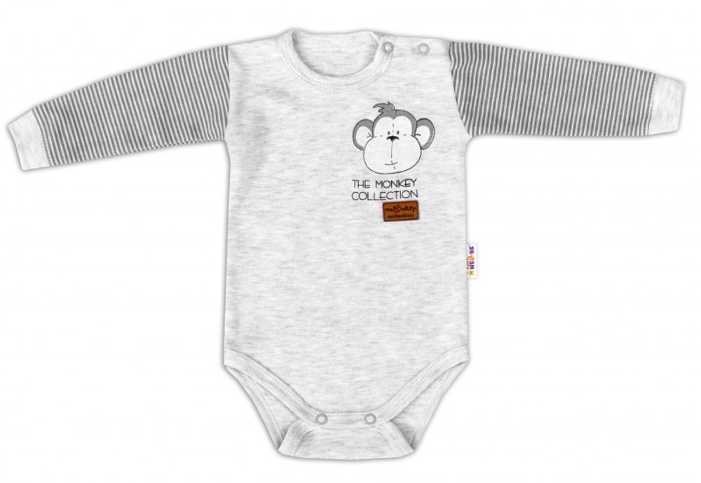 Baby Nellys Body dlouhý rukáv Monkey - sv. šedý melírek, vel. 74 - 56 (1-2m)