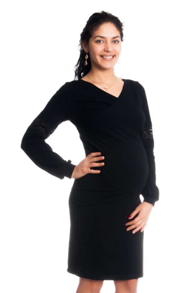 Be MaaMaa Těhotenské/kojící šaty Kristýna, dlouhý rukáv zdobený krajkou - černé, vel. M - M (38)