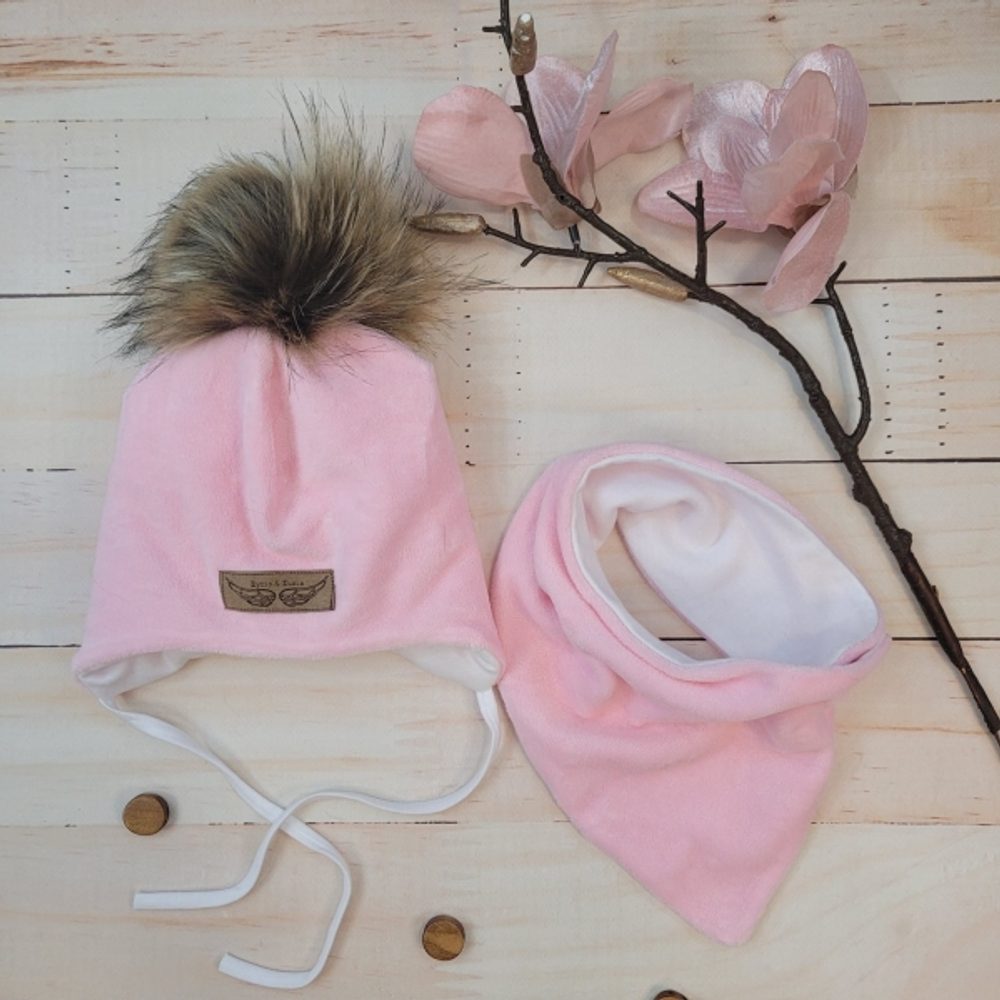 Z&Z Zimní dvouvrstvá čepice na zavazování s bambulí z kožešinky + šátek Z&amp;Z, růžová - 68-74 (6-9m)