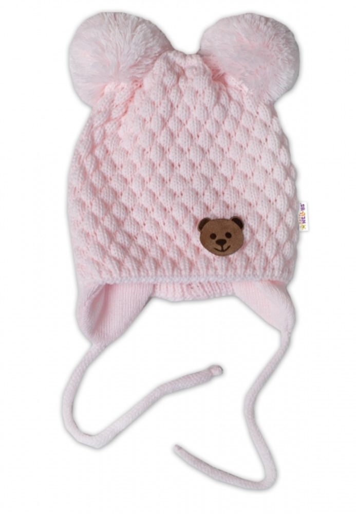 Baby Nellys Zimní pletená čepice Teddy Bear na zavazování, růžová, Baby Nellys - 56-68 (0-6 m)