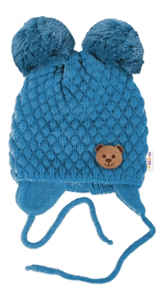 Baby Nellys Zimní pletená čepice Teddy Bear na zavazování, modrá, Baby Nellys