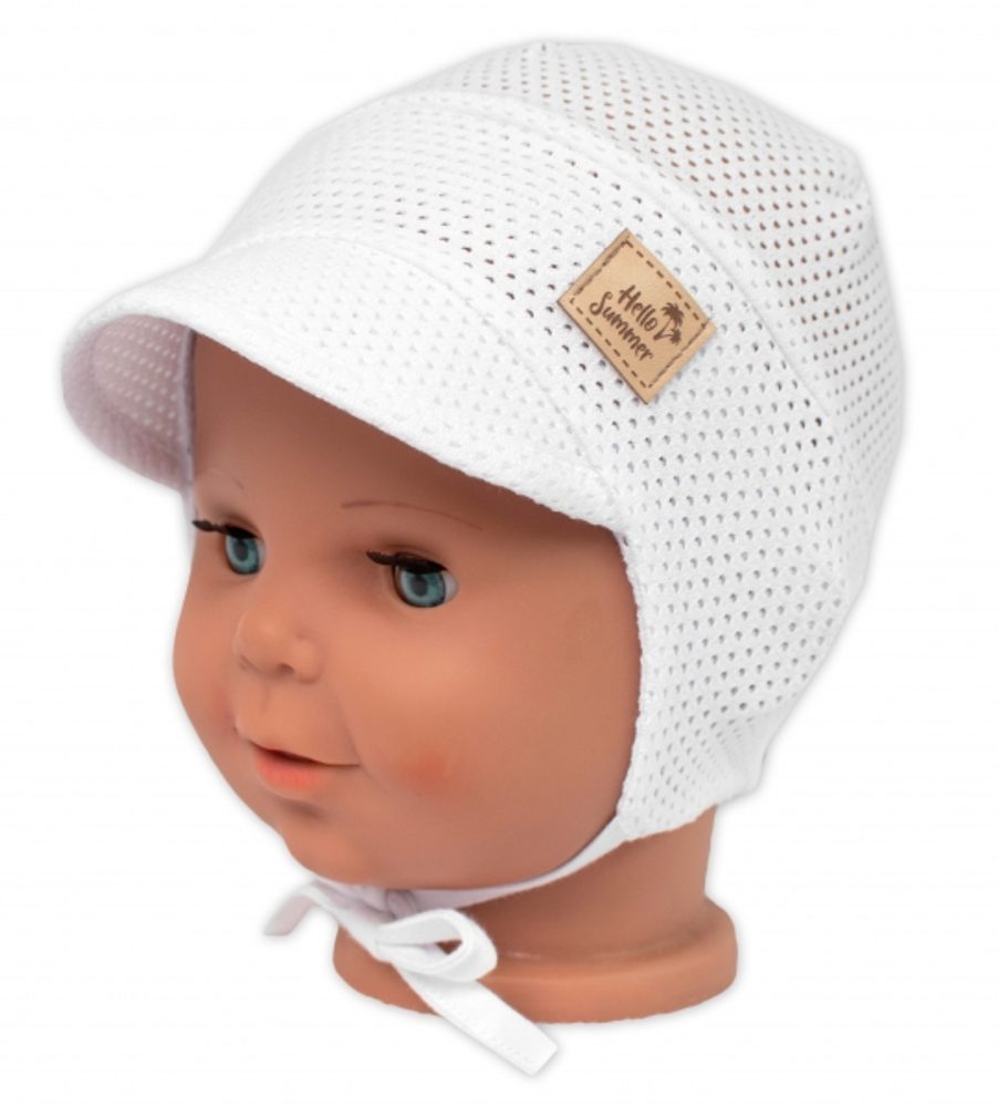 Baby Nellys Dětská síťkovaná čepička s kšiltem na zavazování, Hello Summer Baby Nellys, bílá - 68-74 (6-9m)