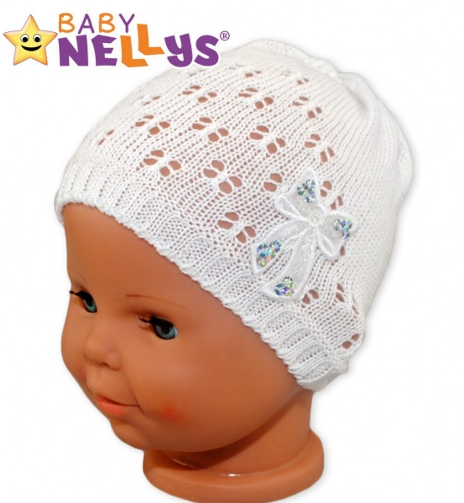 Baby Nellys Háčkovaná čepička Mašle Baby Nellys ® - s flitry - bílá