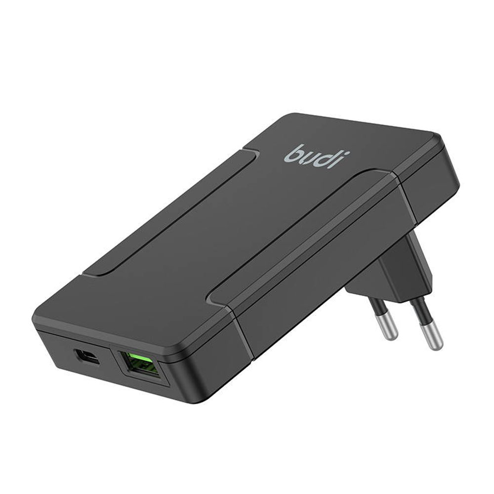 Budi Univerzální nástěnná nabíječka Budi, USB + USB-C, PD 65W + adaptéry EU/UK/US/AU (černá)