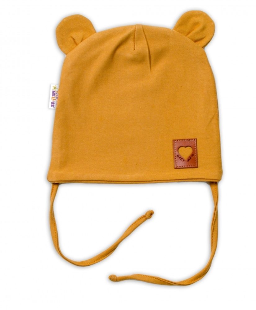 Baby Nellys Bavlněná dvouvrstvá čepice s oušky na zavazování TEDDY - hořčicová, 68/74 - 68-74 (6-9m)