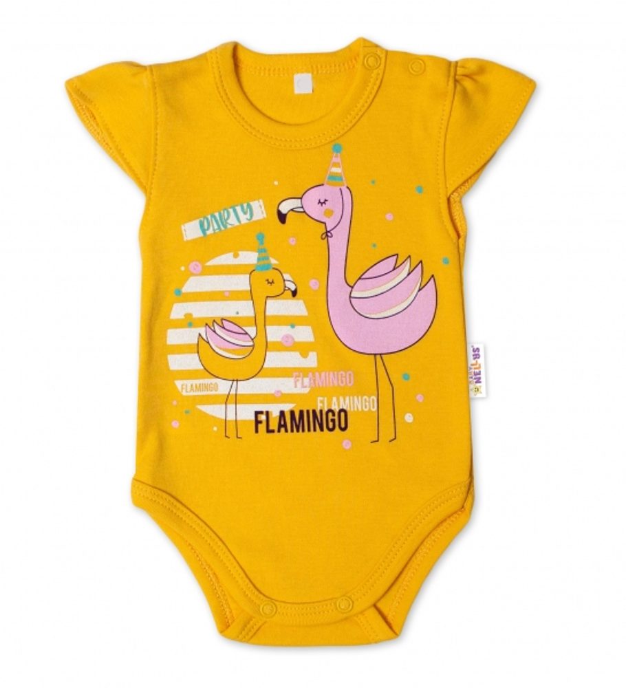 Baby Nellys Bavlněné kojenecké body, kr. rukáv, Flamingo - hořčicové - 74 (6-9m)