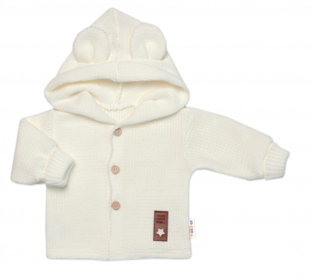 Baby Nellys Dětský elegantní pletený svetřík s knoflíčky a kapucí s oušky Baby Nellys, ecru, vel. 62 - 62 (2-3m)
