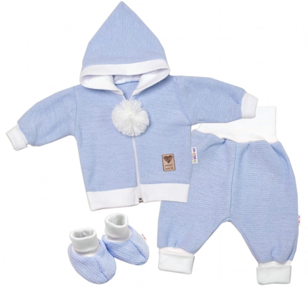 Baby Nellys 3-dílná souprava Hand made, pletený kabátek, kalhoty a botičky, modrá - 56 (1-2m)