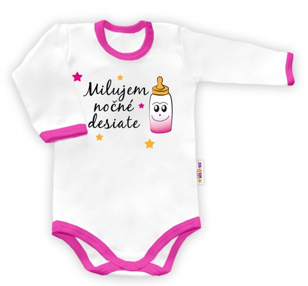 Baby Nellys Body dlouhý rukáv vel. 86, Milujem nočné desiate - bílé/růžový lem - 86 (12-18m)