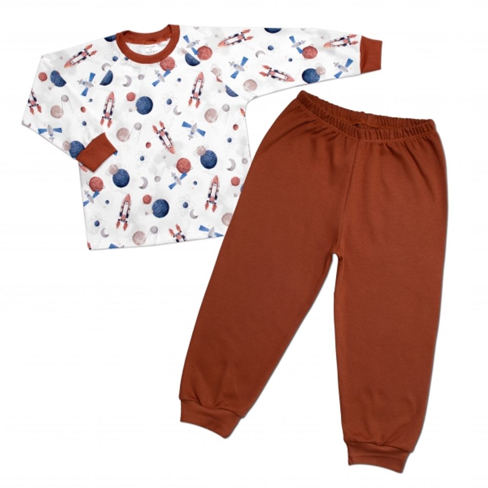 Mrofi Dětské pyžamo 2D sada, triko + kalhoty, Cosmos, Mrofi, hnědá/bílá, vel. 98 - 98 (2-3r)
