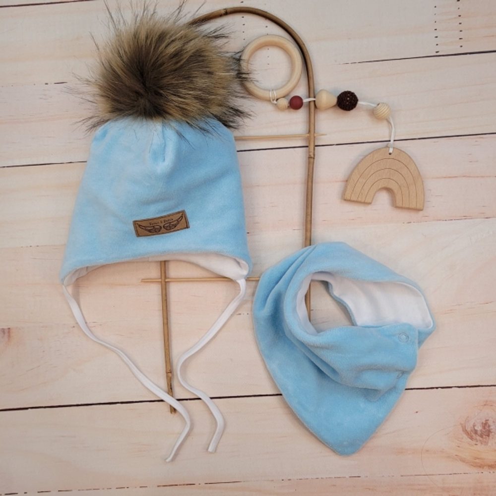 Z&Z Zimní dvouvrstvá čepice na zavazování s bambulí z kožešinky + šátek Z&amp;Z, modrá - 56-62 (0-3m)
