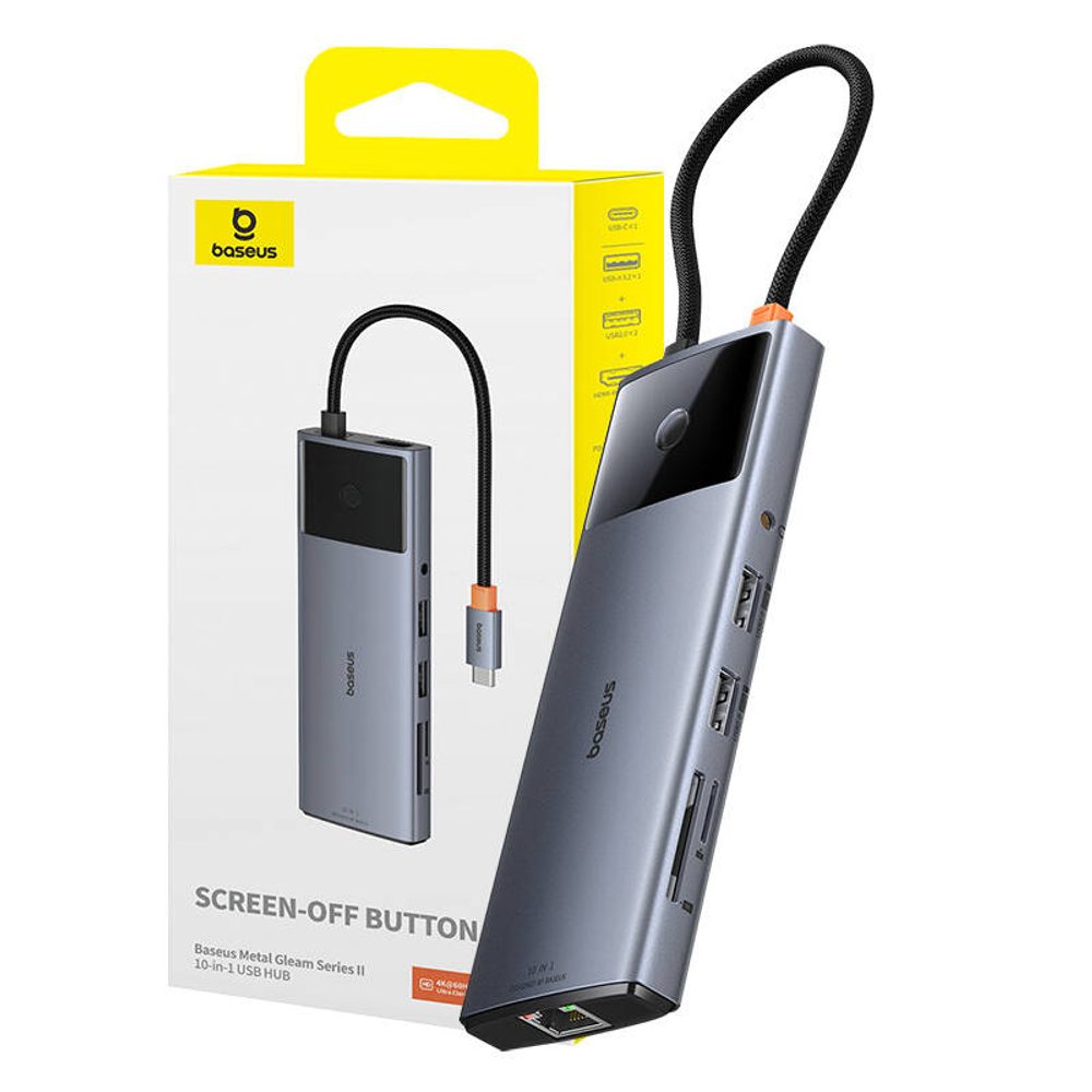 Baseus Rozbočovač 10v1 Baseus Metal Gleam II Series, USB-C na 1xHDMI, USB-A (10Gbps), USC-C, 2xUSB-A, Ethernet RJ45, SD/TF karta, mini-jack 3,5mm, USB-C(PD)